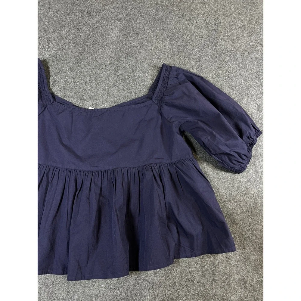 Free People Navy Blue Cotton Puff Sleeve Babydoll Blouse Top Large